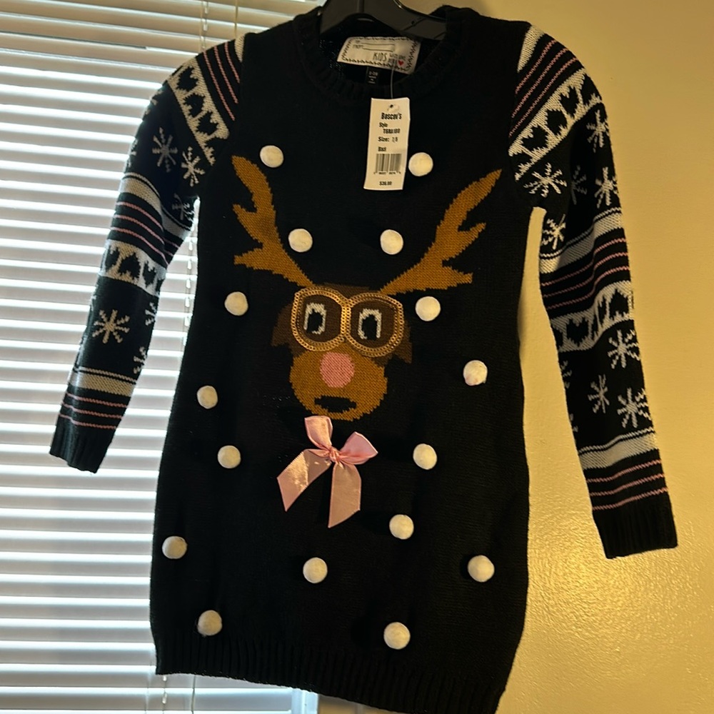 Christmas ugly sweater  dress new! Small kids 7/8 reindeer